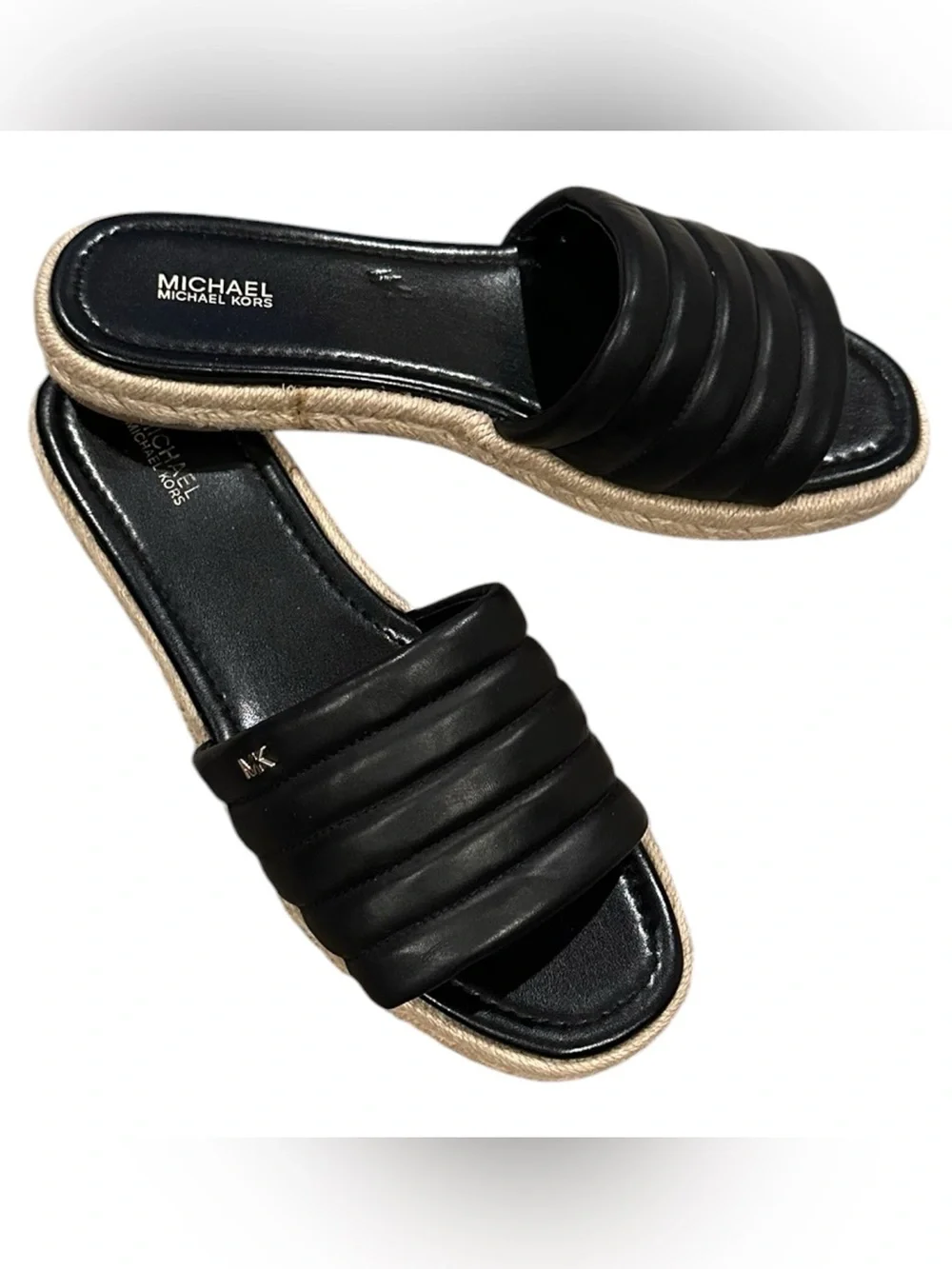 Michael Kors royce quilted black leather jute espadrilles summer vacation sandal